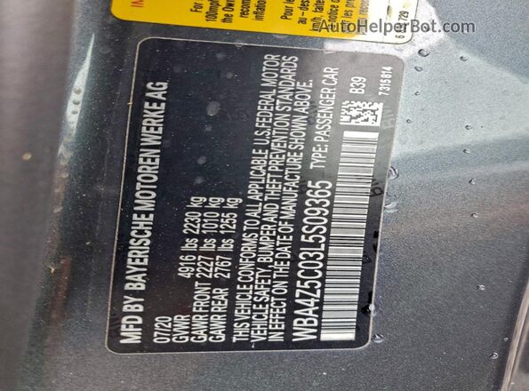 WBA4Z5C03L5S09365 2020 BMW 4 SERIES Gray Vista de la etiqueta del VIN