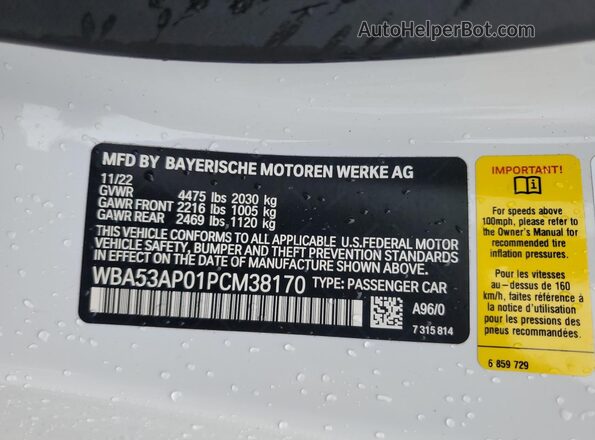 WBA53AP01PCM38170 2023 BMW 4 SERIES White VIN sticker view