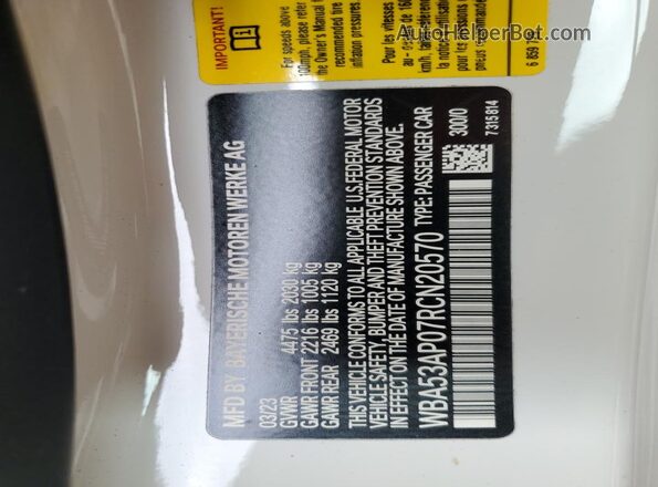 WBA53AP07RCN20570 2024 BMW 4 SERIES White VIN կոդի պիտակի տեսք