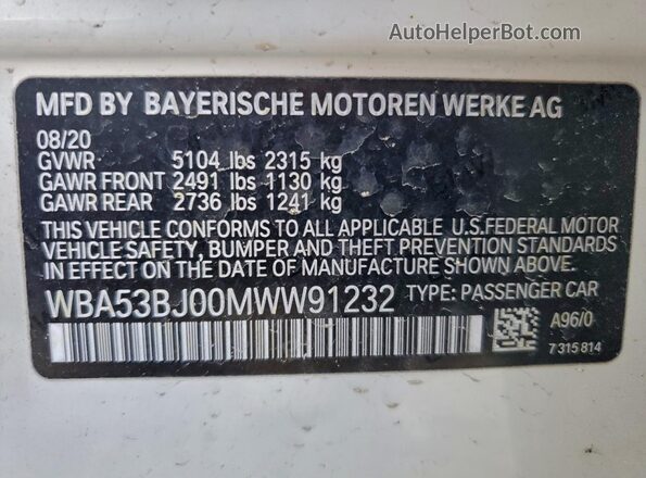 WBA53BJ00MWW91232 2021 BMW 5 SERIES White ძრავის განყოფილების ხედი