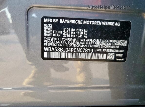 WBA53BJ04PCN07819 2023 BMW 5 SERIES Gray VIN sticker view