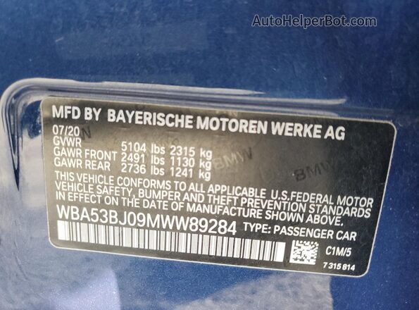 WBA53BJ09MWW89284 2021 BMW 5 SERIES Blue Вид підкапотного простору