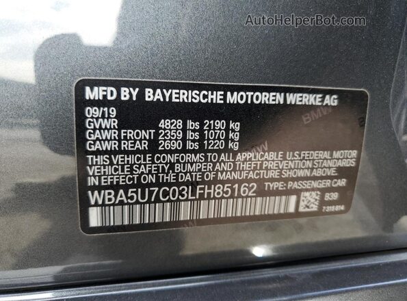 WBA5U7C03LFH85162 2020 BMW M3 Gray Вид наклейки з VIN-кодом