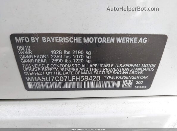 WBA5U7C07LFH58420 2020 BMW 3 SERIES White ძრავის განყოფილების ხედი