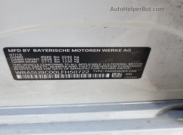 WBA5U9C00LFH50722 2020 BMW M3 Белый Вид наклейки с VIN-кодом