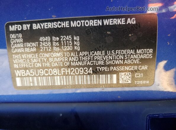 WBA5U9C08LFH20934 2020 BMW M3 Blue VIN կոդի պիտակի տեսք