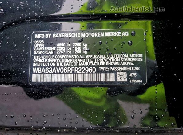 WBA63AV06RFR22960 2024 BMW 4 SERIES Черный Вид наклейки с VIN-кодом