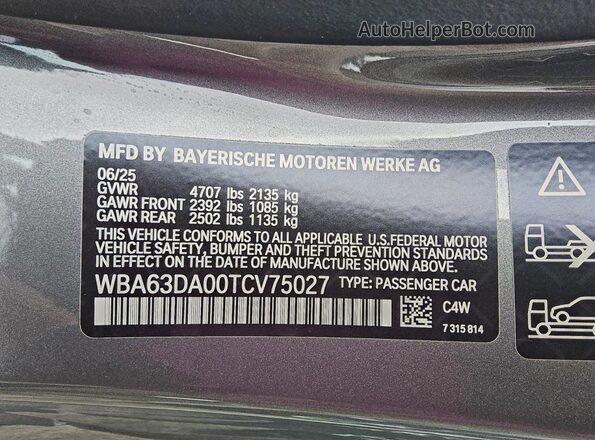 WBA63DA00TCV75027 2026 BMW 4 SERIES Gray VIN კოდის სტიკერის ხედი
