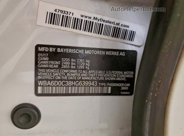 WBA6D0C38HG639943 2017 BMW 6 SERIES White ძრავის განყოფილების ხედი