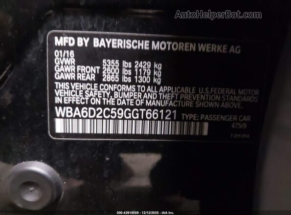 WBA6D2C59GGT66121 2016 BMW 6 SERIES Черный Вид подкапотного пространства