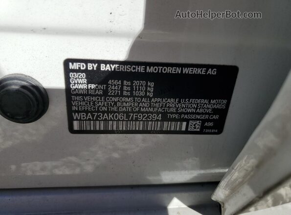 WBA73AK06L7F92394 2020 BMW 2 SERIES White Vista del compartimento del motor