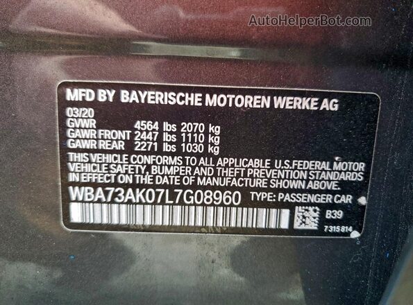 WBA73AK07L7G08960 2020 BMW 2 SERIES Gray Вид наклейки з VIN-кодом