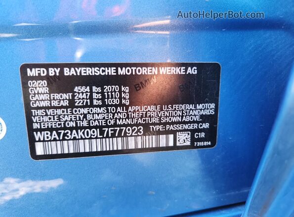 WBA73AK09L7F77923 2020 BMW 2 SERIES Blue Widok naklejki z numerem VIN
