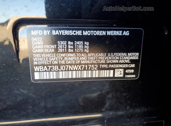 WBA73BJ07NWX71752 2022 BMW 5 SERIES Black Widok naklejki z numerem VIN