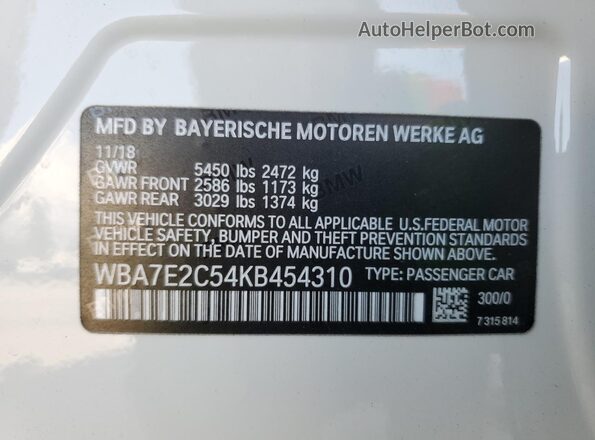 WBA7E2C54KB454310 2019 BMW 7 SERIES Белый Вид подкапотного пространства