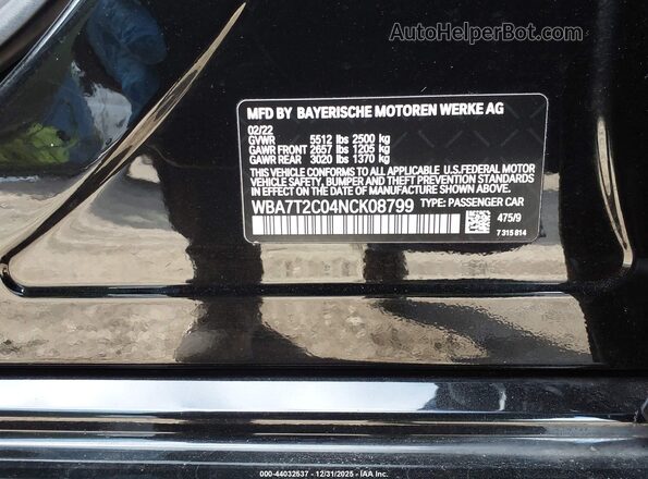 WBA7T2C04NCK08799 2022 BMW 7 SERIES Black Vista del compartimento del motor