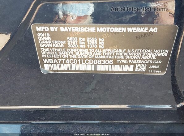 WBA7T4C01LCD08306 2020 BMW 7 SERIES Black Widok komory silnika
