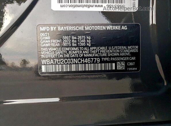 WBA7U2C03NCH46779 2022 BMW 7 SERIES Charcoal Vista de la etiqueta del VIN
