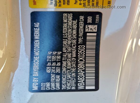 WBA83AP08NCK03503 2022 BMW M4 White VIN sticker view