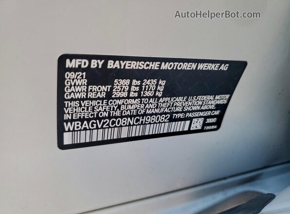 WBAGV2C08NCH98082 2022 BMW 8 SERIES White Widok naklejki z numerem VIN