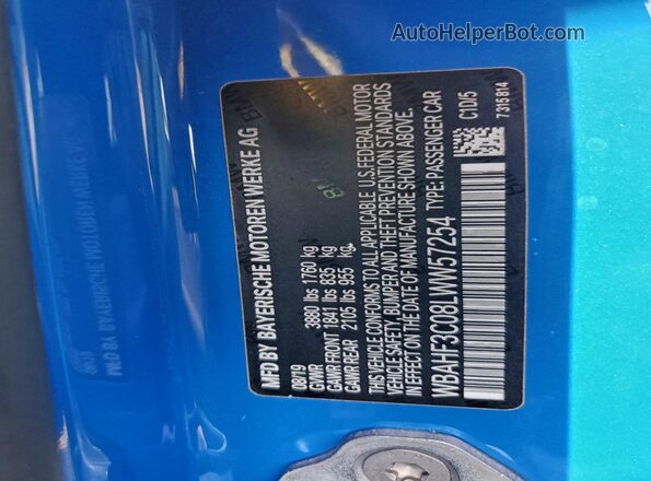 WBAHF3C08LWW57254 2020 BMW Z4 Blue VIN კოდის სტიკერის ხედი