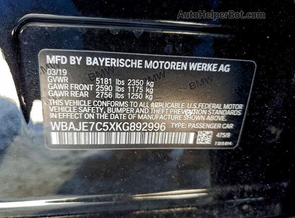 WBAJE7C5XKG892996 2019 BMW 5 SERIES Black VIN sticker view