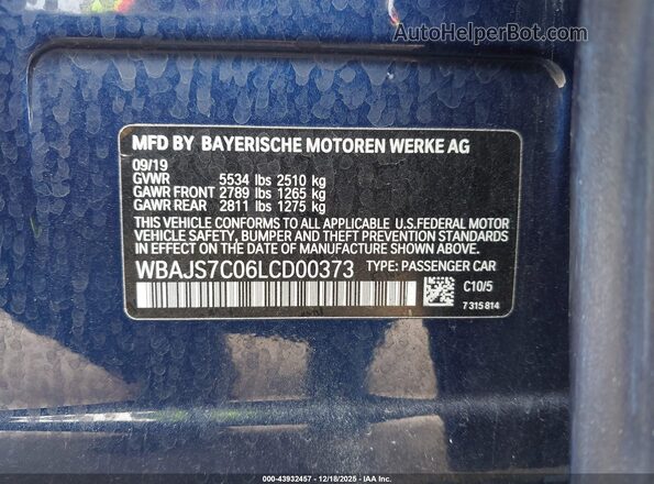 WBAJS7C06LCD00373 2020 BMW 5 SERIES Blue ძრავის განყოფილების ხედი