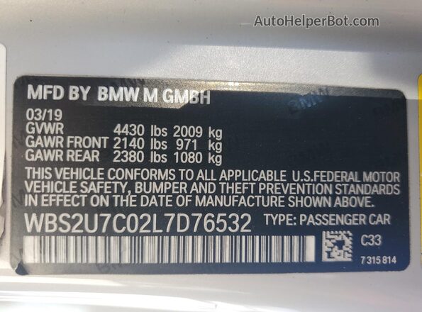 WBS2U7C02L7D76532 2020 BMW M2 Silver VIN კოდის სტიკერის ხედი