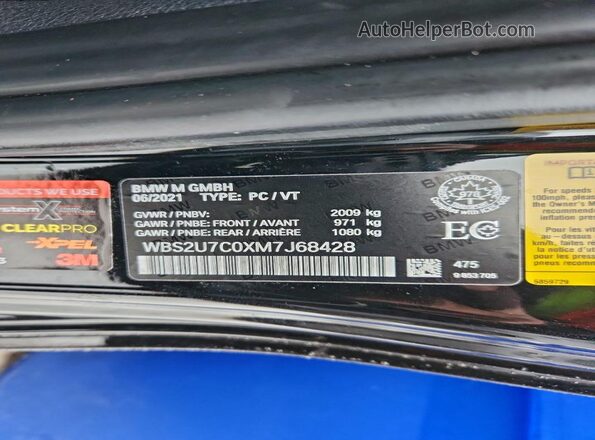 WBS2U7C0XM7J68428 2021 BMW M2 Черный Вид наклейки с VIN-кодом