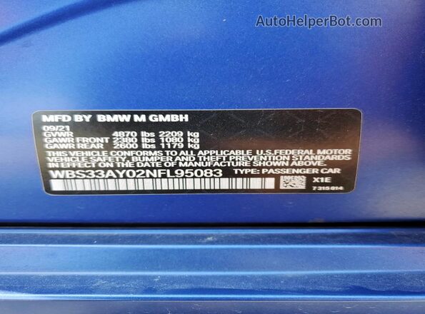 WBS33AY02NFL95083 2022 BMW M3 Синий Вид наклейки с VIN-кодом