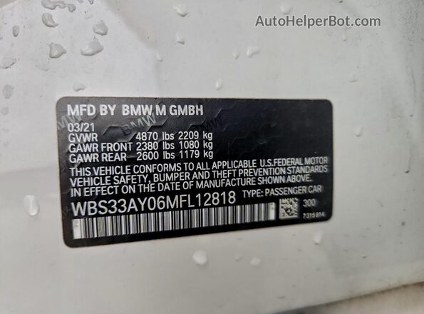 WBS33AY06MFL12818 2021 BMW M3 Gray VIN sticker view