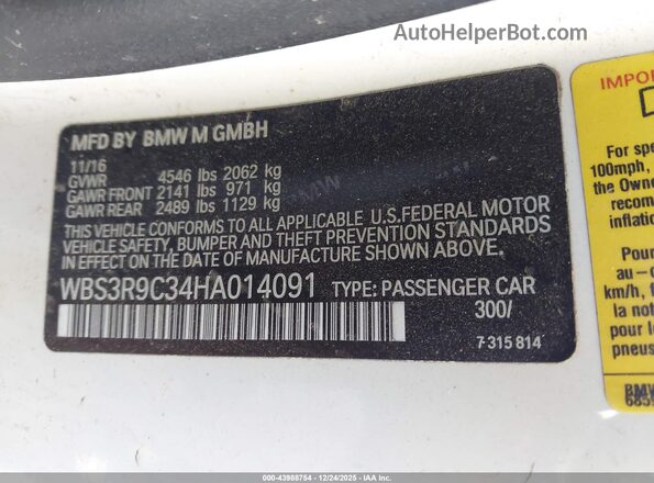 WBS3R9C34HA014091 2017 BMW M4 White Widok komory silnika