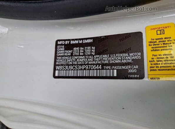 WBS3U9C53HP970644 2017 BMW M4 White ძრავის განყოფილების ხედი