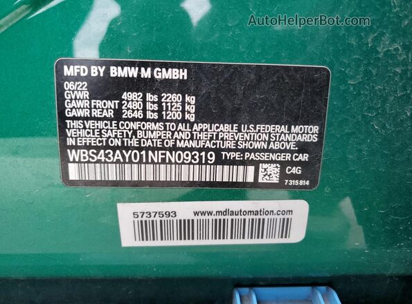 WBS43AY01NFN09319 2022 BMW M3 Зеленый Вид подкапотного пространства