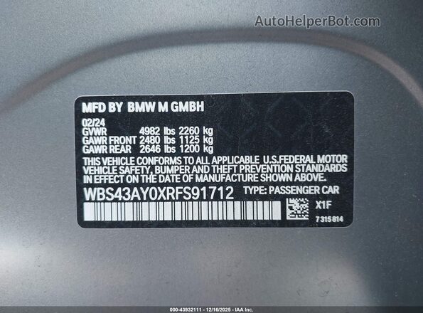 WBS43AY0XRFS91712 2024 BMW M3 Gray ძრავის განყოფილების ხედი