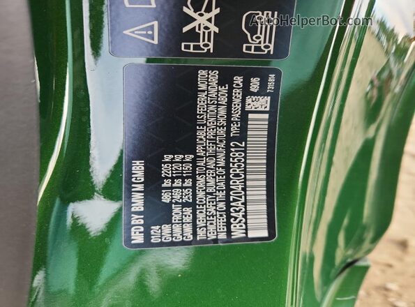 WBS43AZ04RCR55812 2024 BMW M4 Green VIN კოდის სტიკერის ხედი