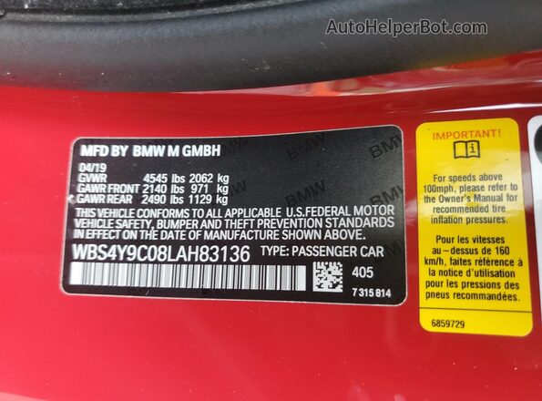 WBS4Y9C08LAH83136 2020 BMW M4 Red Engine compartment view
