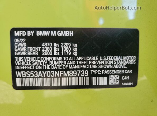 WBS53AY03NFM89739 2022 BMW M3 Yellow VIN sticker view