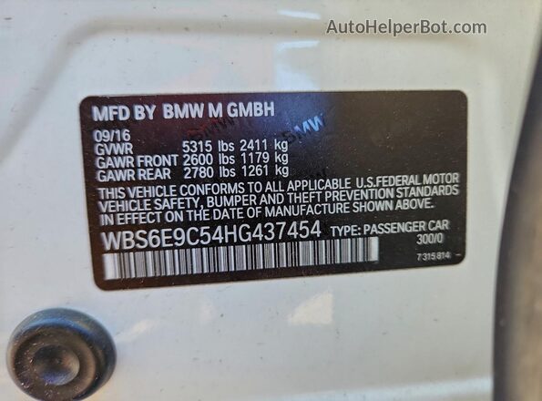 WBS6E9C54HG437454 2017 BMW M6 Белый 