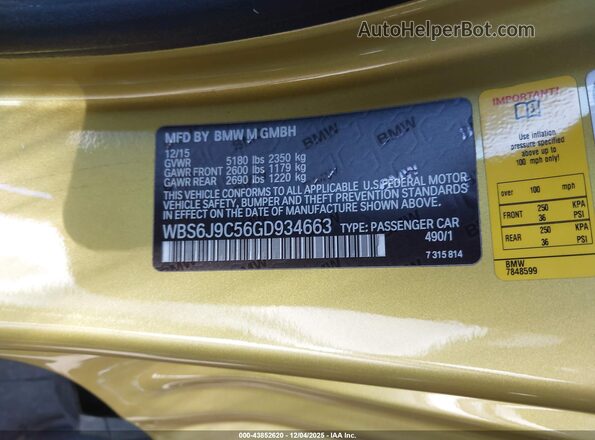 WBS6J9C56GD934663 2016 BMW M6 Green Вид підкапотного простору