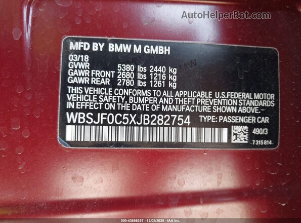 WBSJF0C5XJB282754 2018 BMW M5 Red 