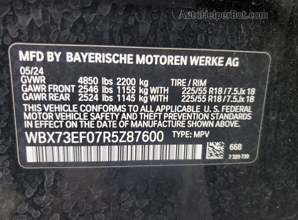 WBX73EF07R5Z87600 2024 BMW X1 Black Widok naklejki z numerem VIN