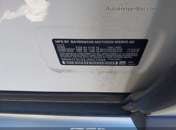 WBXHT3C33J5K27594 2018 BMW X1 White 