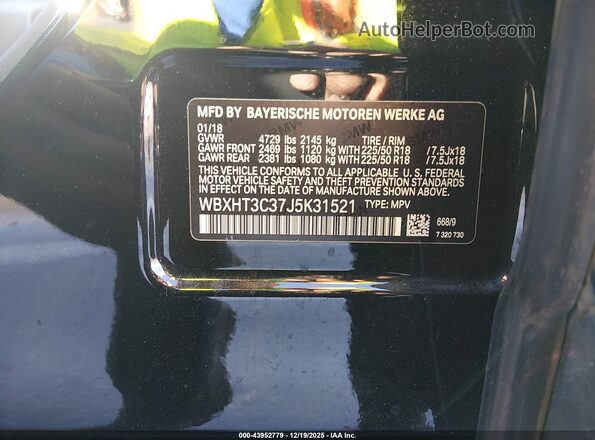 WBXHT3C37J5K31521 2018 BMW X1 Черный 