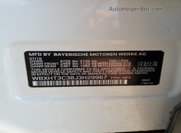 WBXHT3C38J3H29967 2018 BMW X1 White 