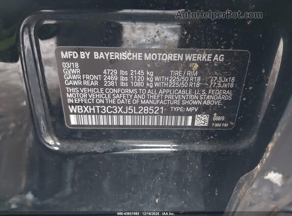 WBXHT3C3XJ5L28521 2018 BMW X1 Black 