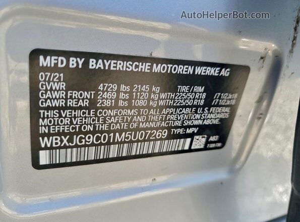 WBXJG9C01M5U07269 2021 BMW X1 Silver Vista de la etiqueta del VIN