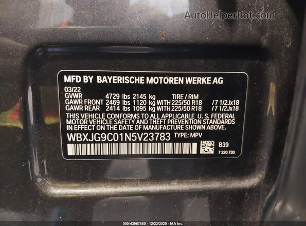WBXJG9C01N5V23783 2022 BMW X1 Gray Engine compartment view