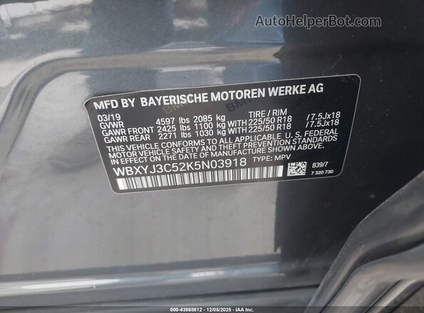 WBXYJ3C52K5N03918 2019 BMW X2 Gray Շարժիչի բաժամունքի տեսք