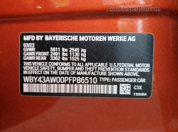 WBY43AW00PFP86510 2023 BMW I4 Оранжевый Вид наклейки с VIN-кодом